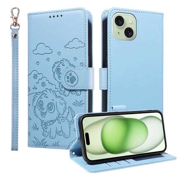 For iPhone 13 Flip Phone Case,Dogs Embossed Design,With Wrist Strap,Card Slots,Flip Folding Kickstand,Anti-Scratch PU Leather Shockproof Anti-fall Drop Protection,Folio Phone Case,Blue