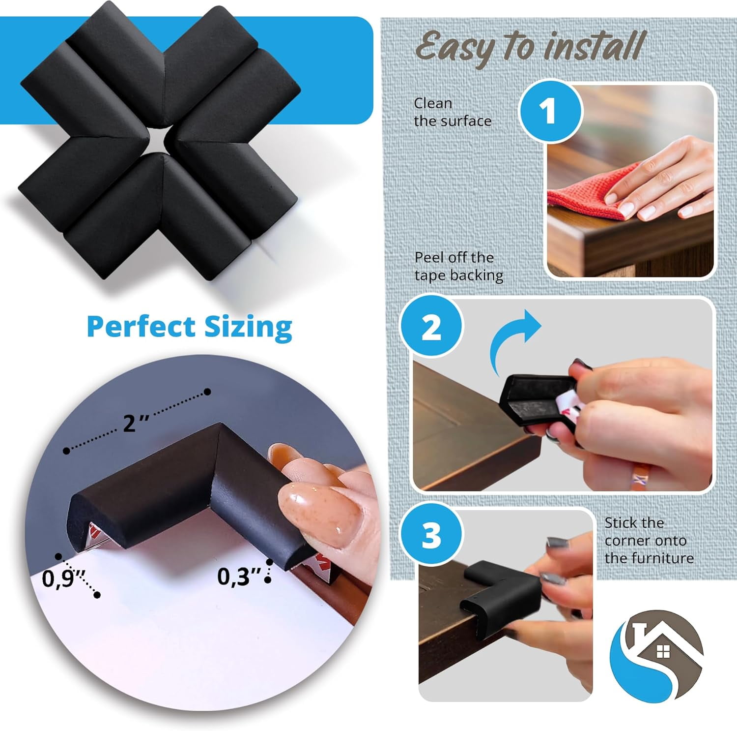 Komfortology Black Foam Corner Protectors, 12 Count with 3M Adhesive