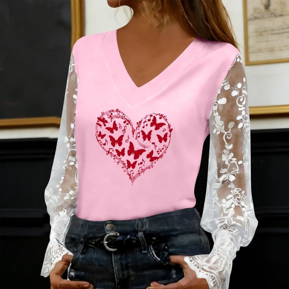 Blmnix Pullover Womens Blouses Dressy Valentine Lace Outfit Long Sleeve Pink V-Neck Plus Size Christmas Shirts