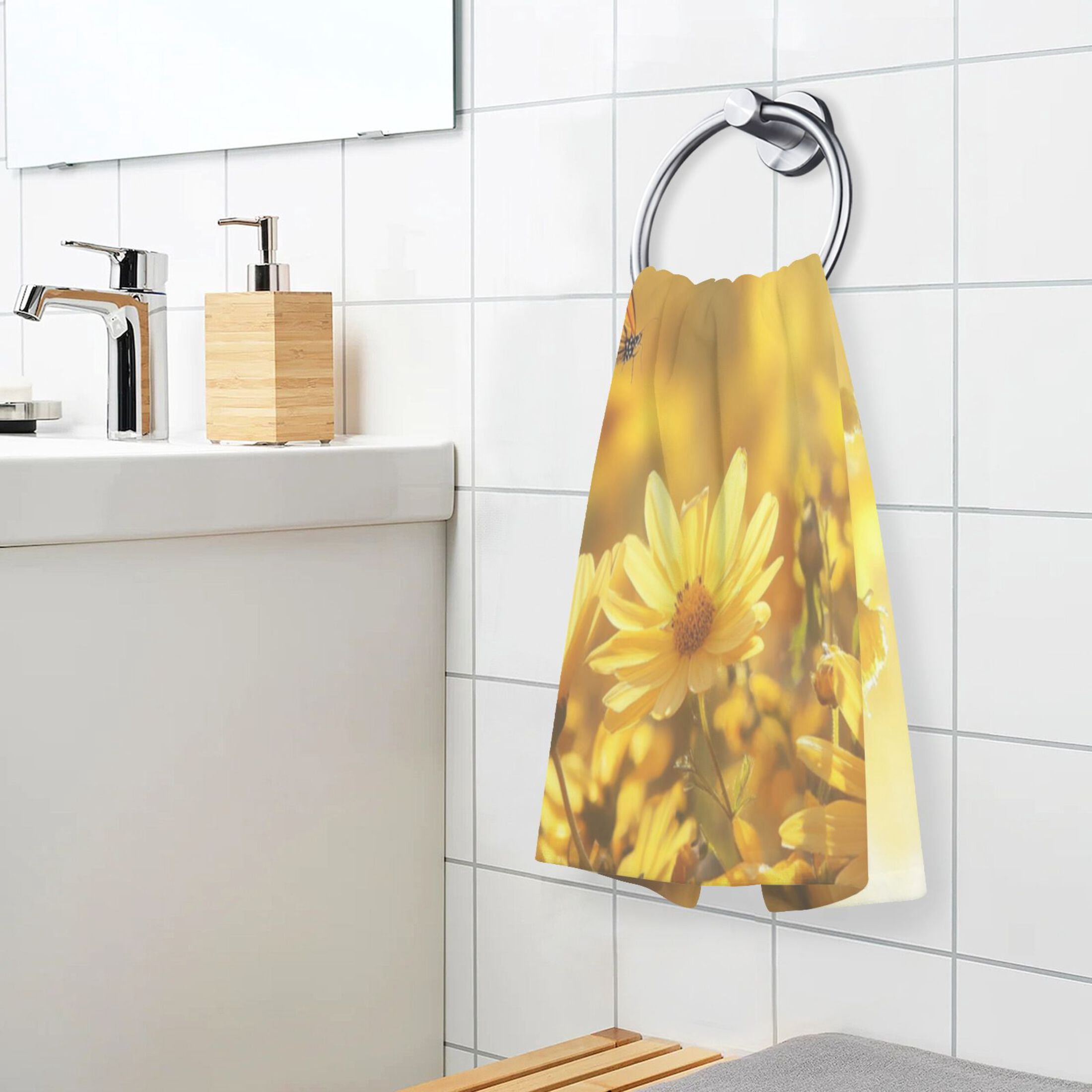 2 Pcs Absorbent Face Towel Bath Hand Towels Soft Breathable Cotton Towel Set for Bathroom Kitchen Hotel Spa Decor Yellow Flowers and Butterfly