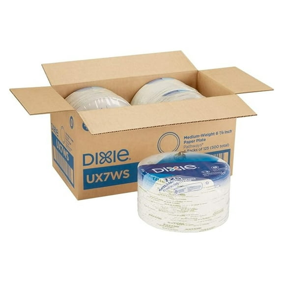 Pathways Soak-Proof Shield Mediumweight Paper Plates, WiseSize, 6.88" dia, Green/Burgundy, 500/Carton