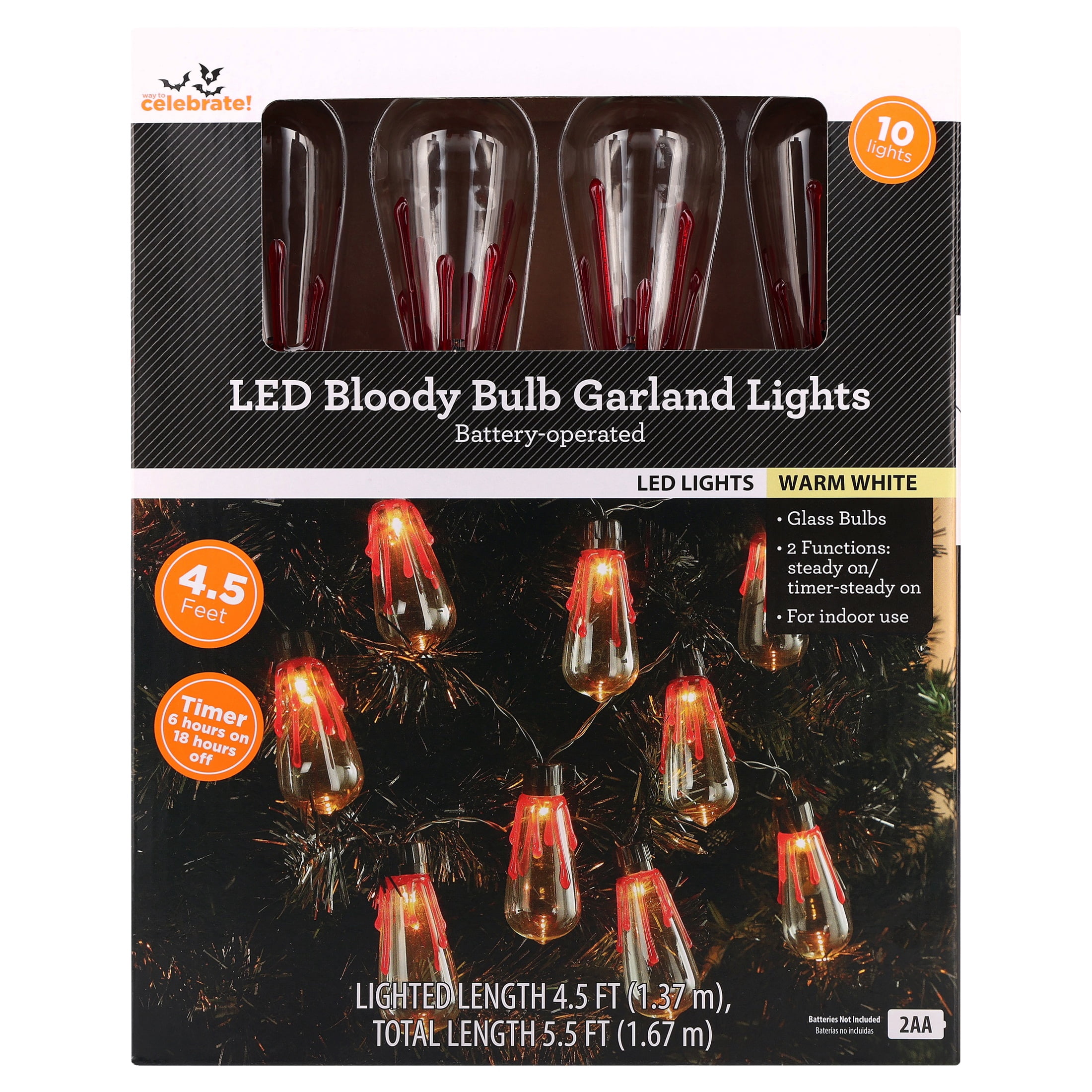 Indoor Battery-Operated LED Bloody Bulb Garland Lights, Warm White, 4.5', Halloween by Way To Celebrate