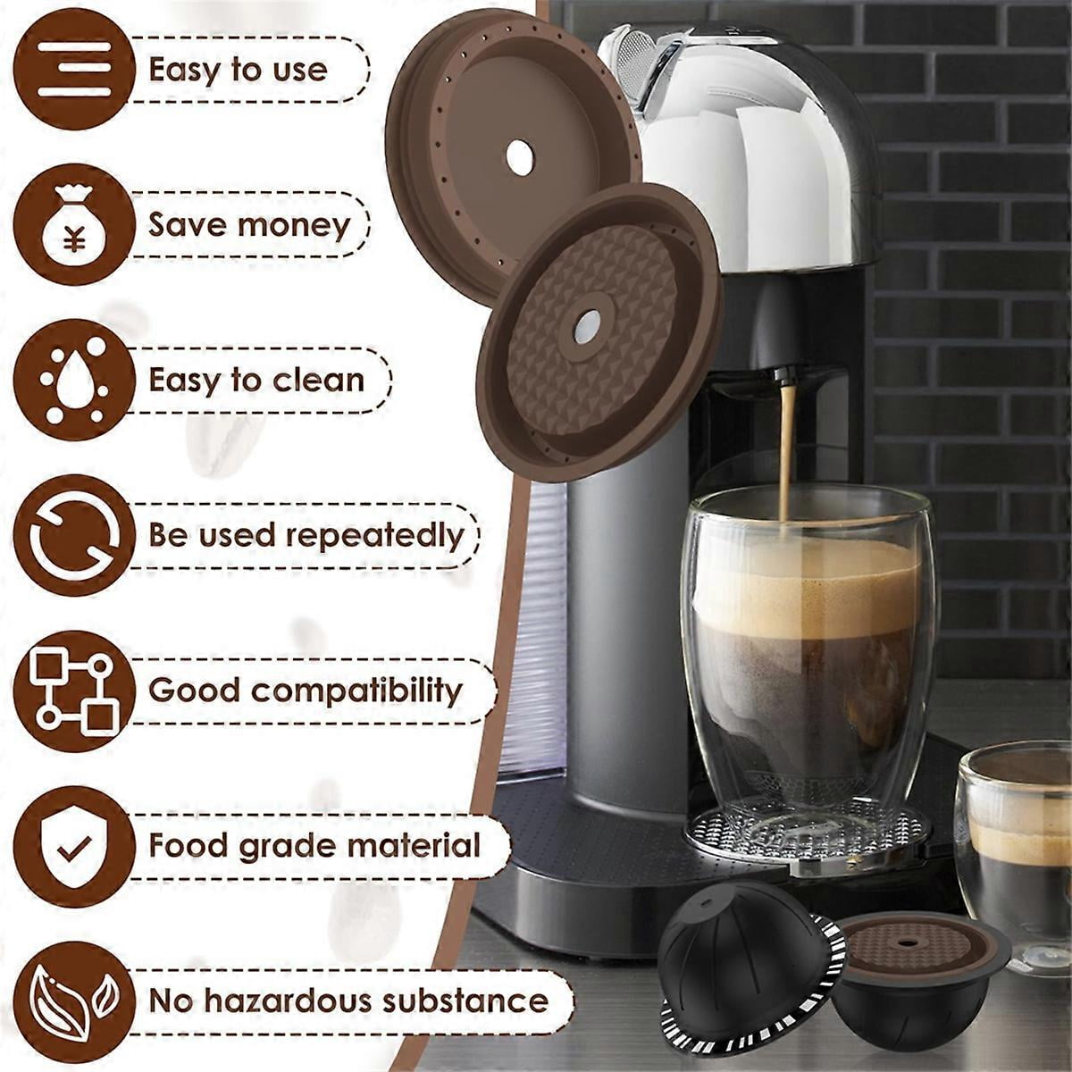 5Pcs Reusable Vertuo Pods for Nespresso Machine, Coffee Capsule with 2 Silicone Lids 1 Spoon and Bru