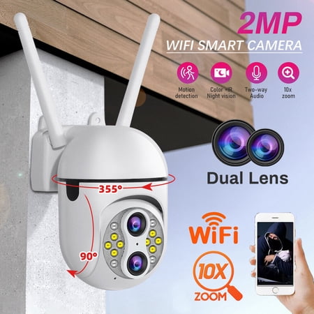 Dual Lens 1080P WiFi IP Camera Wireless Outdoor CCTV PTZ Home Security 10x Zoom