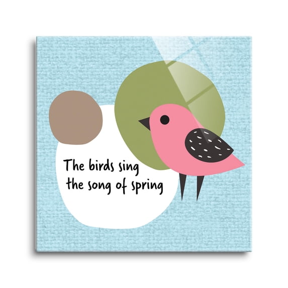 Birds Sing Of Spring Pink Bird Blue 24 x 24 Glass Wall Hanging Sign