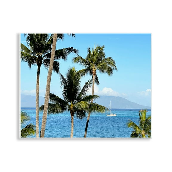 Stupell Industries Palm Trees & Sailboat Landscape Photography Unframed Art Print Wall Art, 14 x 11