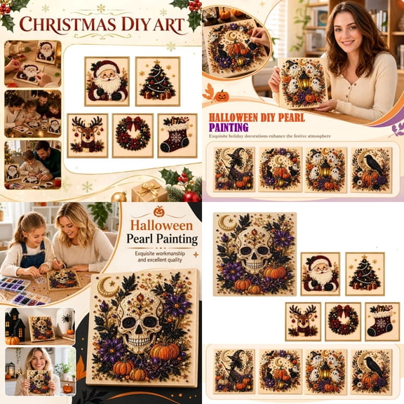 Halloween Ghost Pearl Art DIY Kit, Pearl Painting Kits for Adults, Pearls Diamond Art, Spooky-Cute Design, Fall Home Decor, Wall Art, Adults Craft Kit, 3D DIY Pearl Painting-skeleton