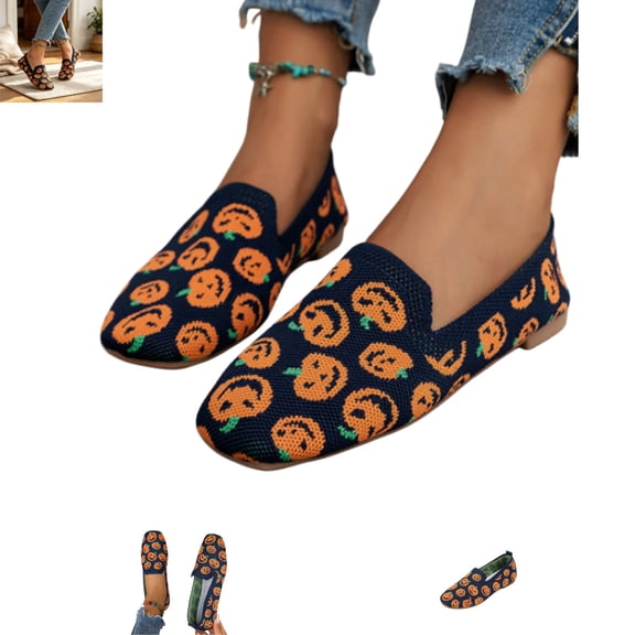 YOUYEDIAN Loafers for Women Halloween Casual Versatile Round Toe Flats Fashion Pumpkin Print Slip On Comfortable Dressy Shoes