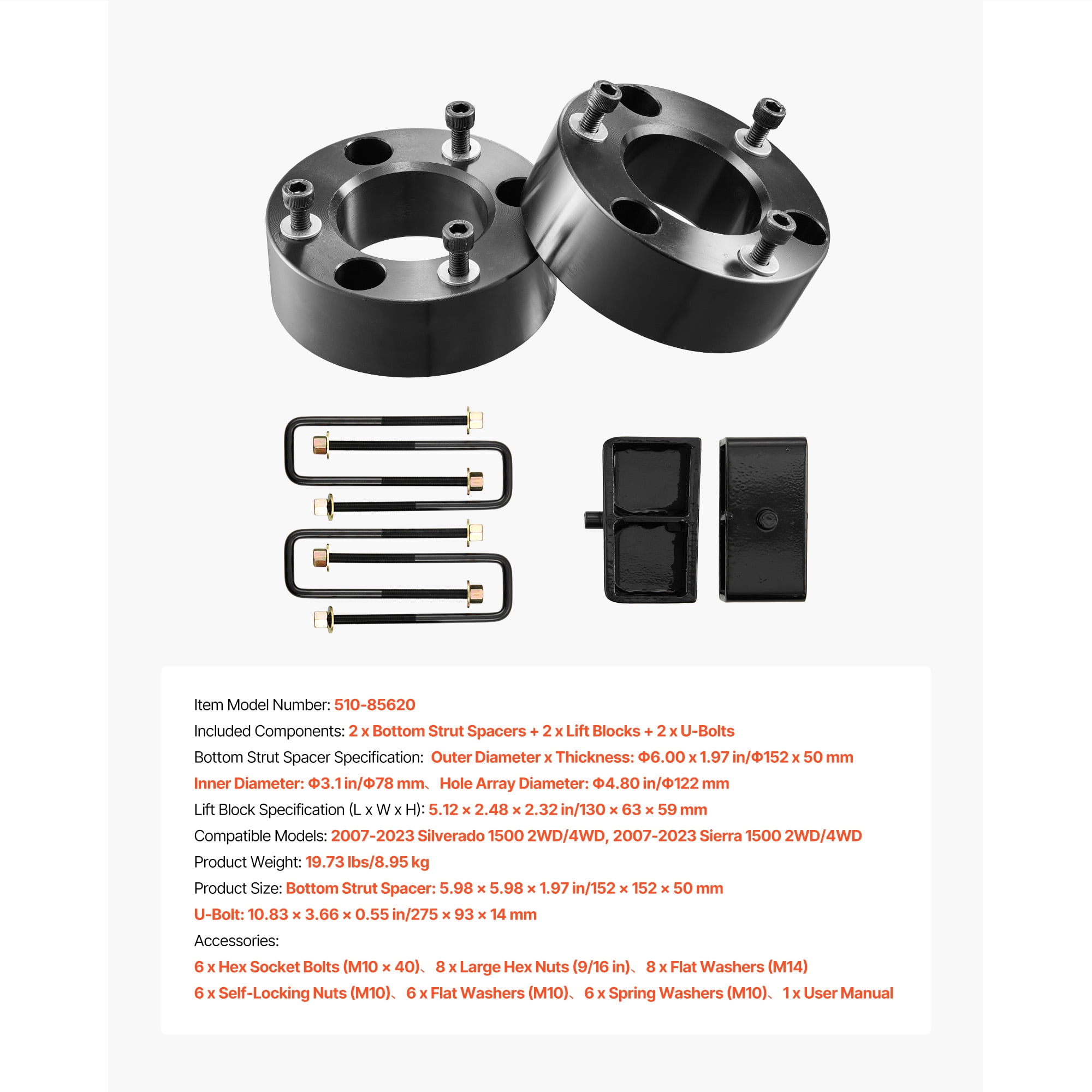 KFFKFF 3 Inch Front and 2 Inch Rear Suspension Leveling Kit for 2007-2023 Silverado 1500 2WD/4WD, 2007-2023 Sierra 1500 2WD/4WD, Includes Front Strut Spacers, Rear Lift Blocks, and U-Bolts