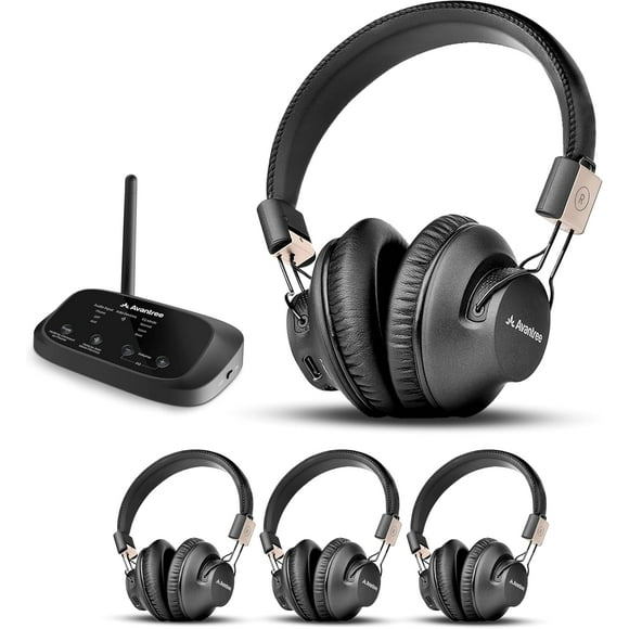 Avantree Quartet 2 - Bluetooth-Compatible Wireless Group Listening Headphones & Transmitter Set for Parties, Silent Discos, Church, TV - Multiple Rechargeable Headphones with Low Latency & Clear Sound