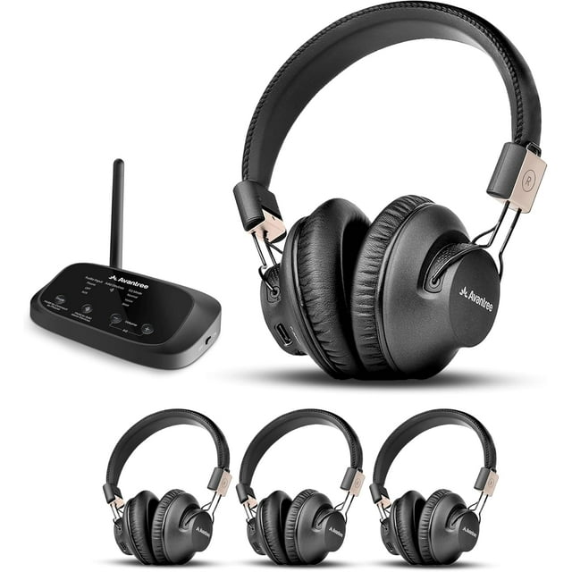 Avantree Quartet 2 Bluetooth-compatible wireless group listening headphones and transmitter set featuring four black over-ear headphones with padded ear cups and adjustable headbands, alongside a compact transmitter with Bluetooth, optical, and AUX connectivity. Designed for parties, silent discos, church, and TV use, offering low latency audio sharing, individual volume controls, and scalability to 100 headphones.