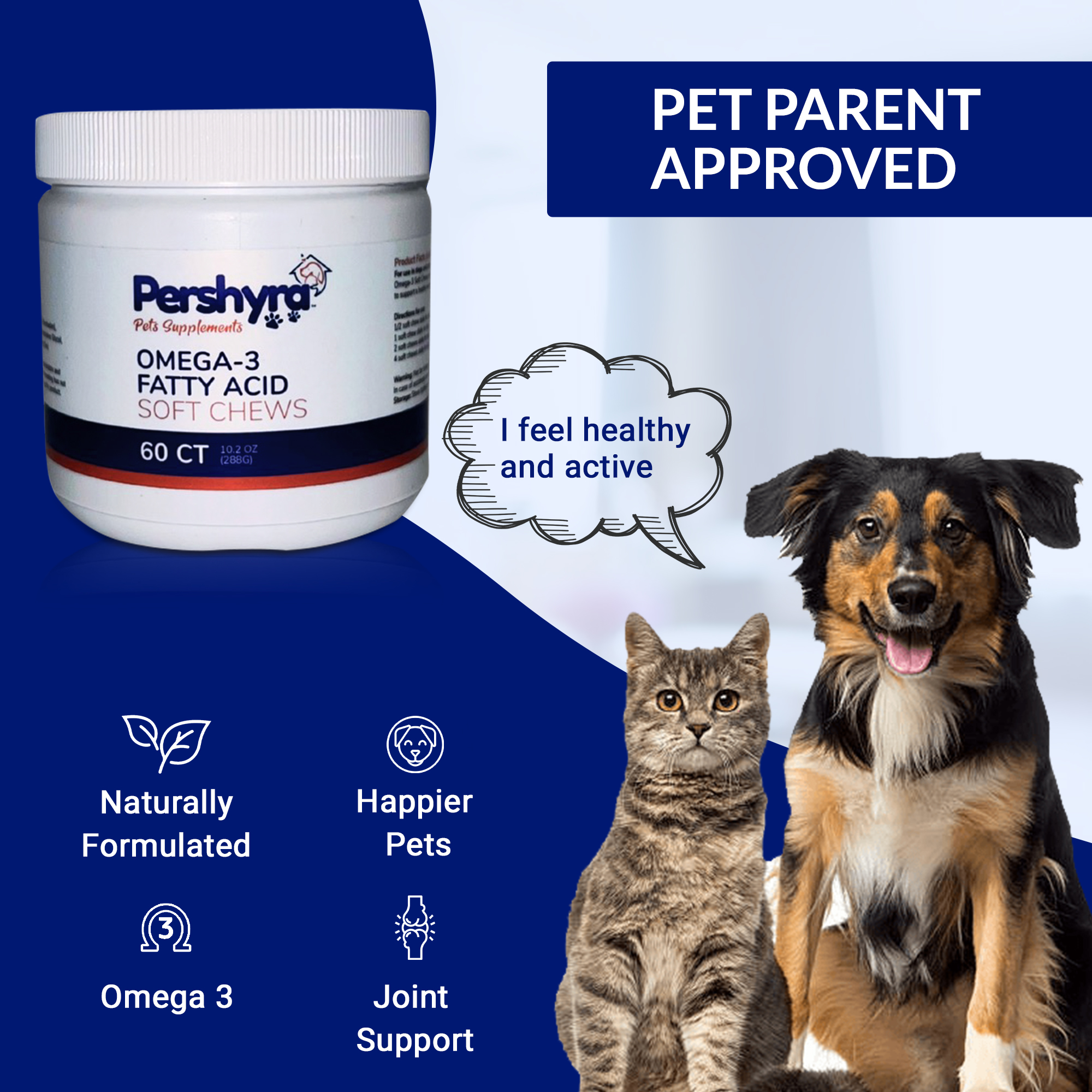 Pershyra Omega 3 Chews for Dogs & Cats - Pet Treats for Skin & Hair - 60 Count