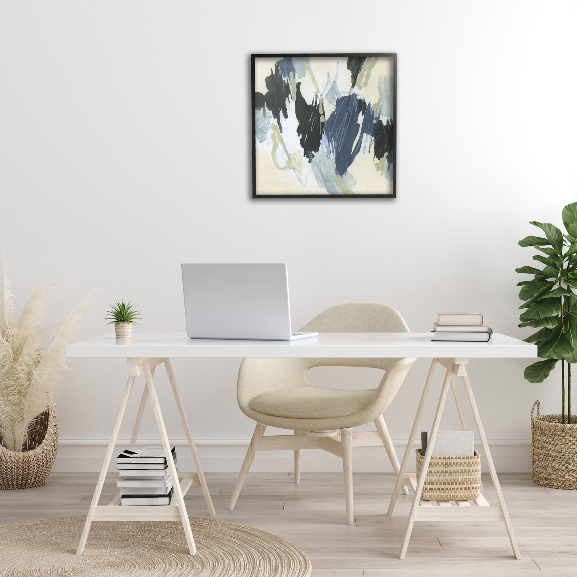 Stupell Industries Blue & Neutral Abstraction Abstract Painting Black Framed Art Print Wall Art, 24 x 24