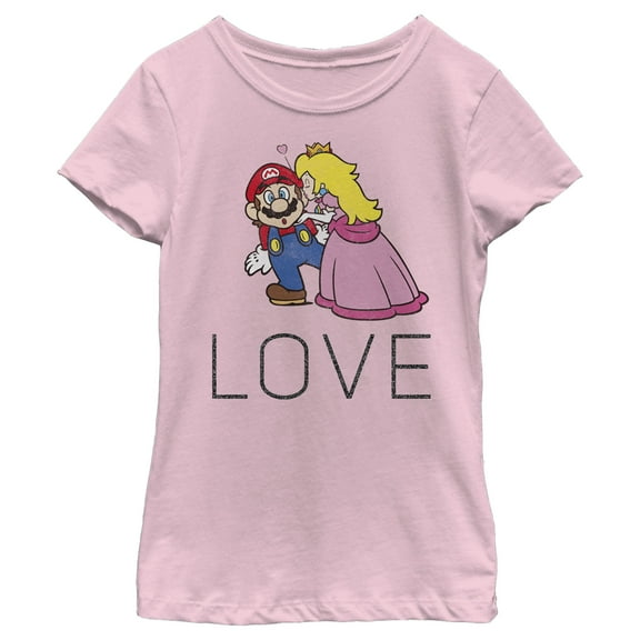 Girl's Nintendo Super Mario Princess Peach Kiss Love Graphic Tee Light Pink Small