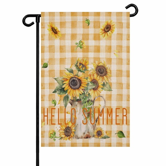 Garden Flag Double-Side Printed House Flag Sunflower Hello Summer Yard Flag Vintage Orange Buffalo Plaid Welcome Banner Decor Outdoor Holiday Decorations 12*18in