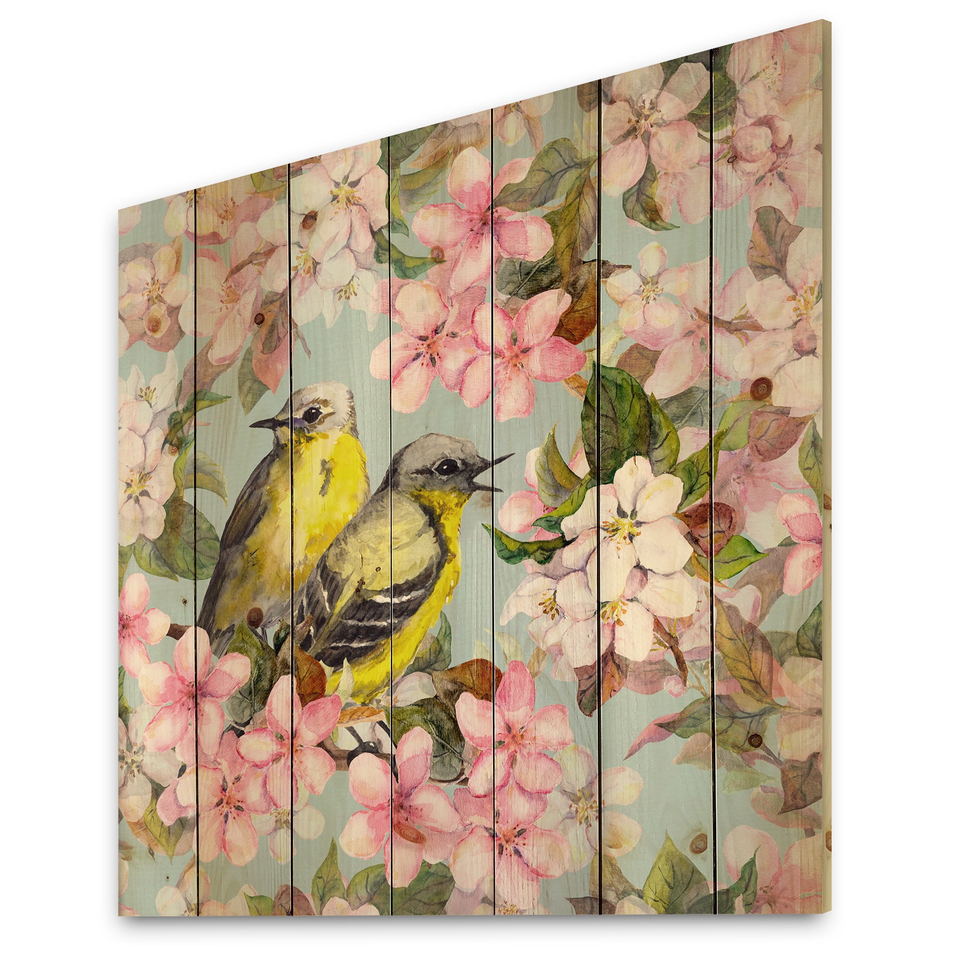 Designart 'Birds On Pink Cherry Sakura and Apple Flowers II' Traditional Print on Natural Pine Wood