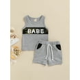 thumbnail image 2 of TSEXIEFOOFU Baby Shorts Set Letter Camouflage Print Round Neck Sleeveless Tank Tops + High Waist Stretch Shorts Set, 2 of 8