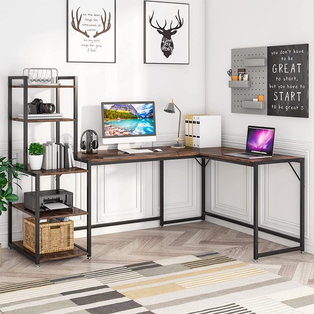 Tribesigns Reversible L Shape Desk with 5 Tier Storage Shelves, Home