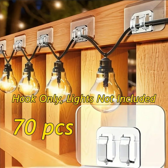 70pcs Hooks for Outdoor String Lights Clips with Adhesive Strips - Waterproof, UV-Resistant, No-Damage, Tool-Free Installation for Christmas, Patio, Garden Balcony Decor, Cable Holders for Hanging