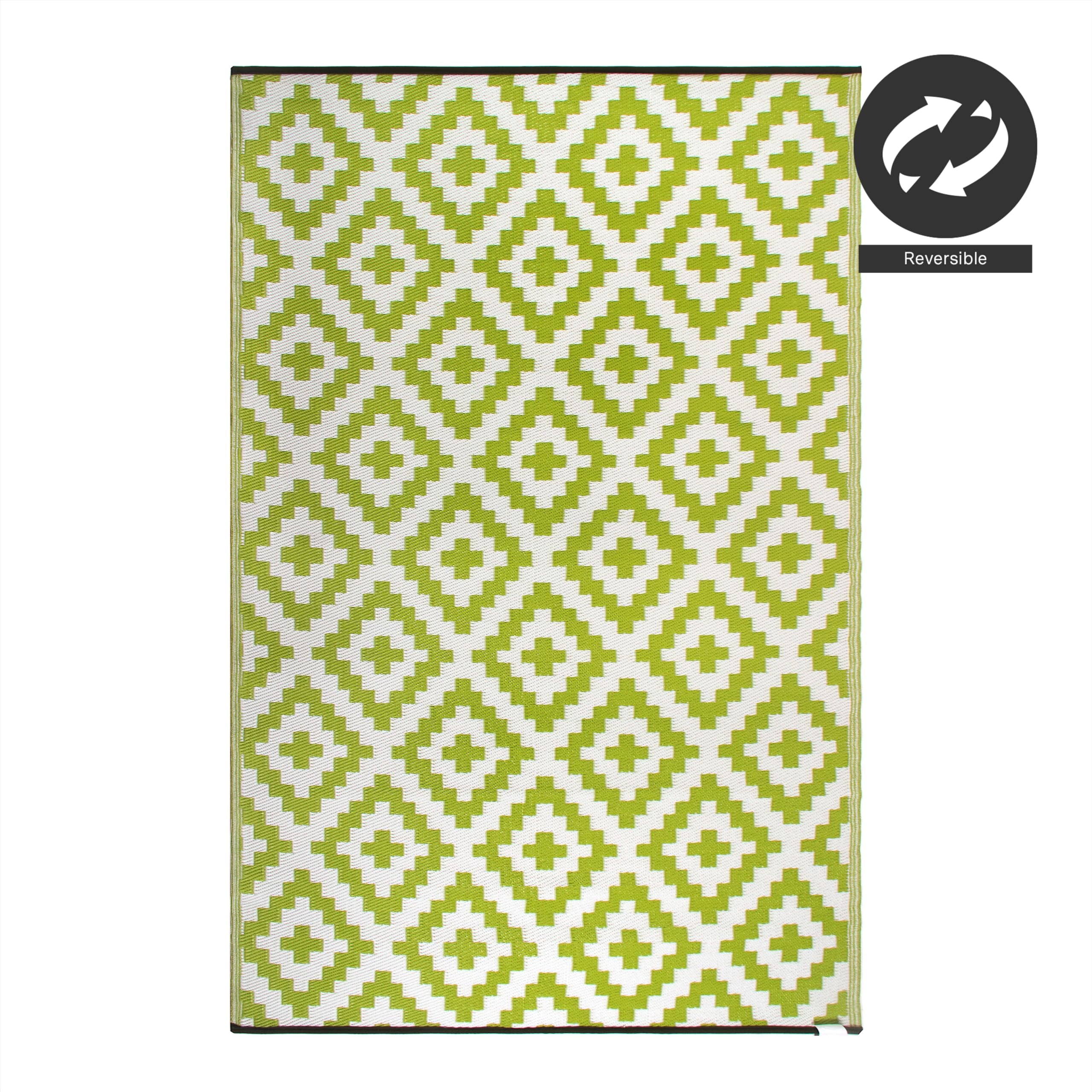 FH Home Outdoor Rug - Waterproof, Fade Resistant, Crease-Free - Premium Recycled Plastic - Geometric - Patio, Deck, Porch, Balcony, Laundry Room - Aztec - Green & White - 4 x 6 ft