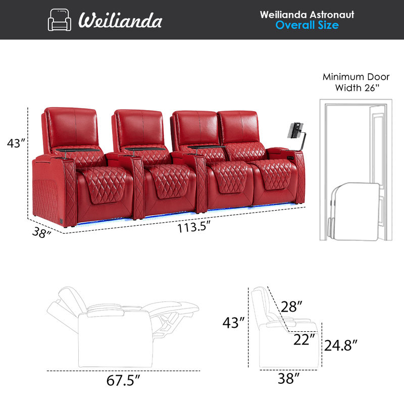 Weilianda Astronauts Reclining Sofa Electricity Recliner Zero Gravity Chair Top Grain Leather Movie Chair Gaming Sofa with Tray Table USB Charging Cup Holders,Row of 4 Loveseat Right Red