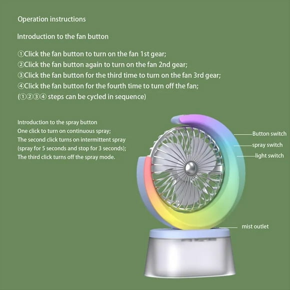 Ventilador LED Ventilador Silencioso con Batería Ventilador Humidificador Portátil con Tanque de 600 Ml Ventilador Recargable USB Ajustable de 3 Velocidades C