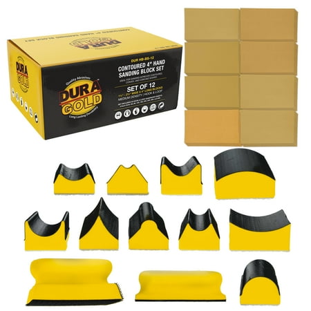 

Dura-Gold 12-Piece Contoured Profile 4\ Hand Sanding Block Set with 40 Sheet Hook & Loop Sandpaper Kit - Interchangeable Assorted Convex & Concave Shapes - Sand Wood Woodworking Furniture Auto Paint