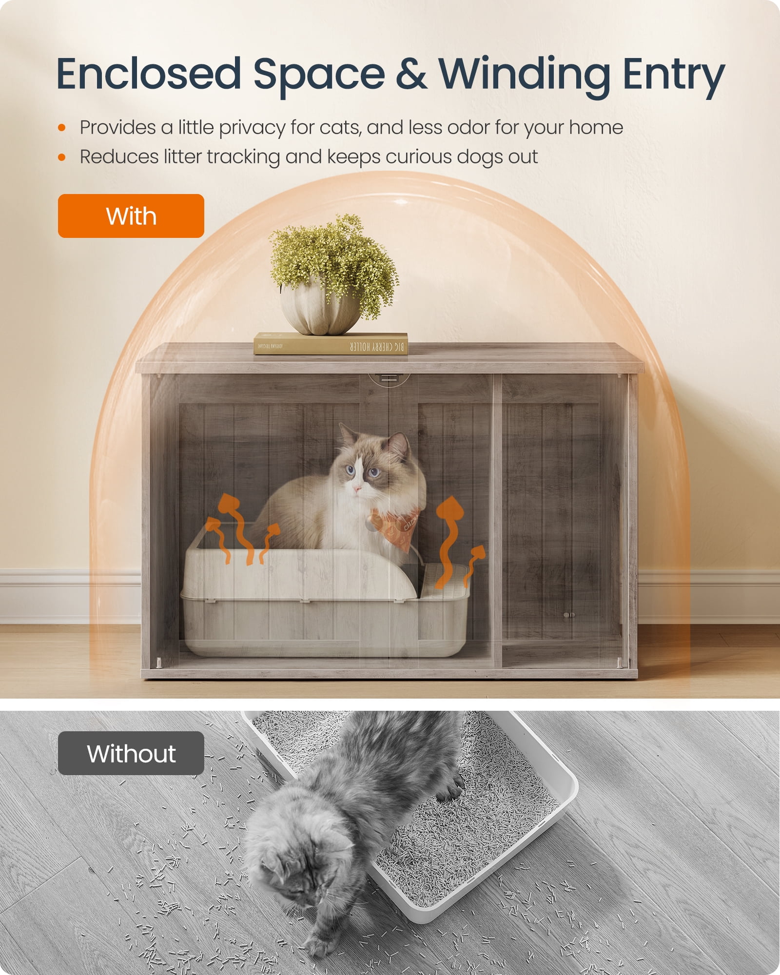 SONGMICS Home Litter Box Enclosure, Superfast Toolless Assembly, Cat Litter Box Furniture, Push-to-Open Doors, Indoor Cat House, Greige