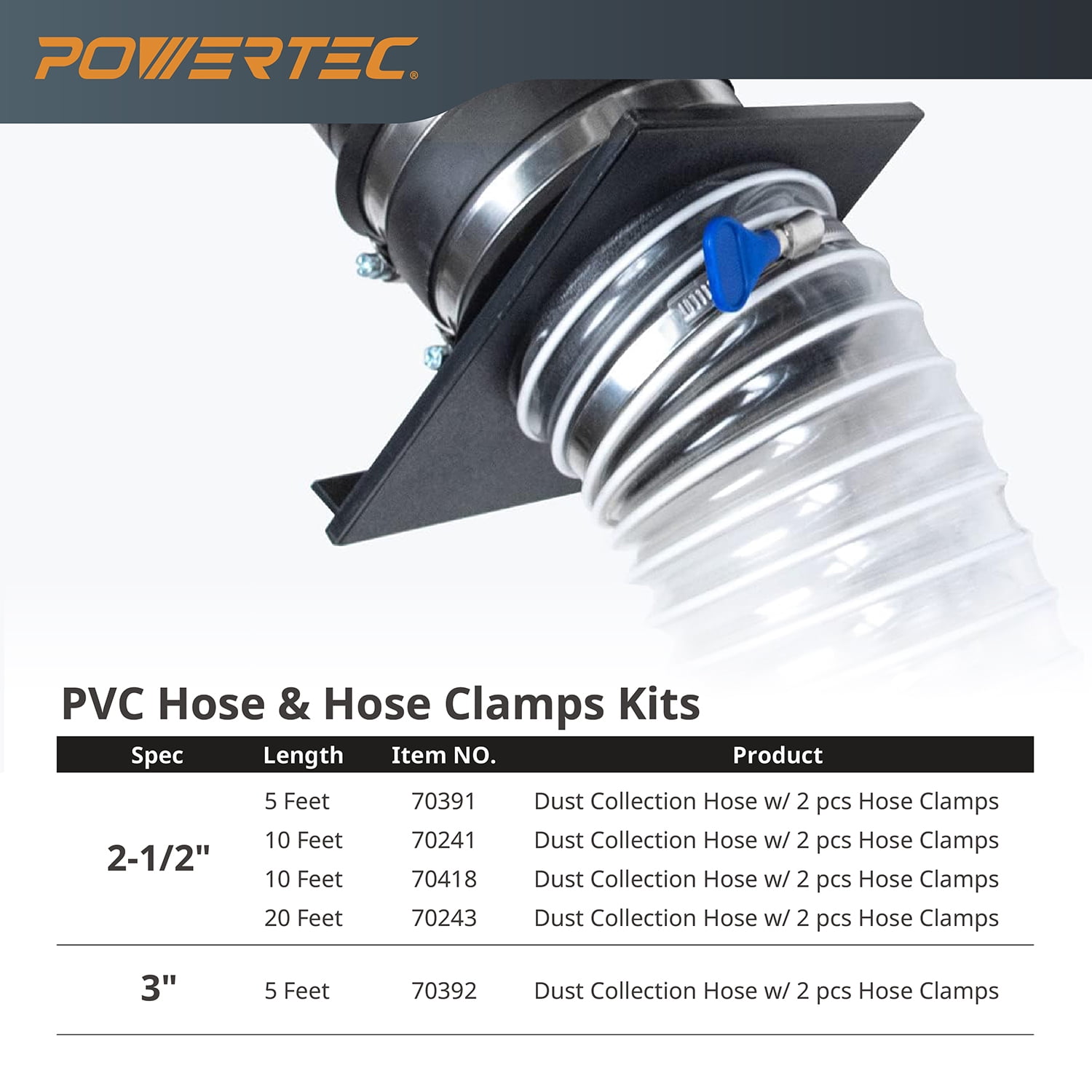 POWERTEC 4" x 20' Dust Collection Hose with 2PC Key Hose Clamps for Table Saw, Band Saw, Planer, Jointer, Woodworking and Wood Shop Dust Collection System, 70244