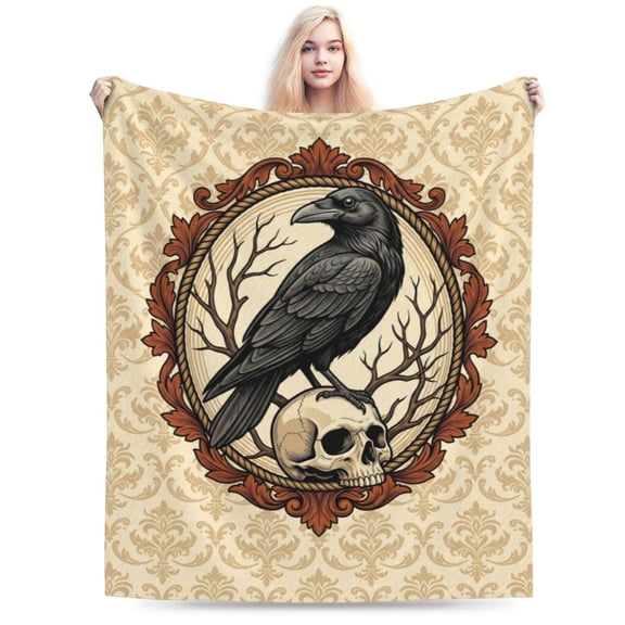 Skull Throw Blanket, Skeleton Crow Blanket, Super Soft Cozy Plush Fluffy Fuzzy Flannel Blanket, Halloween Decor, Gift for Men & Women 50x40