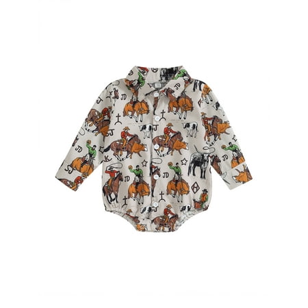 

Sprifallbaby Infant Baby Boy Western Jumpsuit Cattle/Guitar Print Long Sleeve Turn Down Collar Button Romper for 0-18M