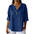 thumbnail image 3 of yoeyez Woemn Summer Tops Buttons V Neck Casual Tees Shirts Short leeve Loose Fit Work Blouses Cute Vintage Basic Shirts Blue,XXL, 3 of 7