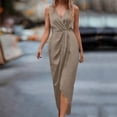 thumbnail image 2 of FRSASU formal Wedding Guest Ruffle Dresses for Women Cocktail V-Neck Sleeveless Wrap Ruched Party Graduation Dress Khaki, 2 of 6