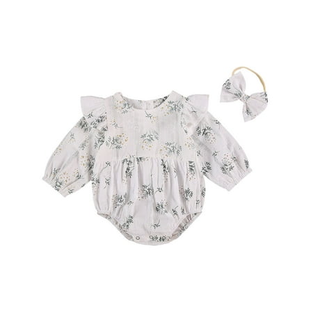 

Gwiyeopda Newborn Infant Baby Girls Bodysuits Ruffles Long Sleeve Cotton Jumpsuits +Headband Set