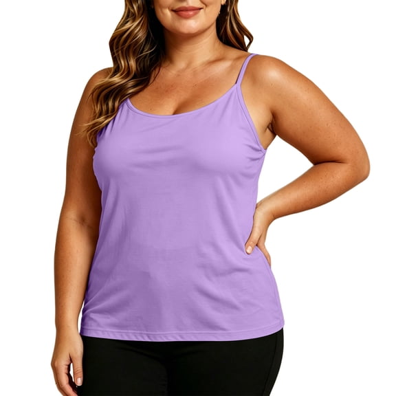 Plebaso Plus Size Tank Tops for Women Built in Bra Padded Cami Shirts Adjustable Spaghetti Strap Camisole Top