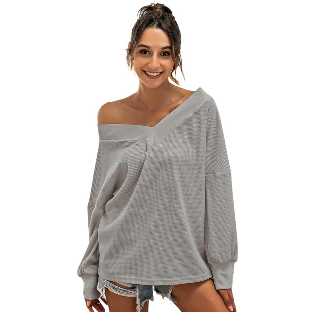 Women’s Off Shoulder Knit Sweaters Oversized V Neck Long Sleeve Loose Lightweight Pullover Tops 