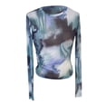 thumbnail image 5 of Lace Mesh Sheer Long Sleeve Tops for Women Layering Floral Embroidery See Through Tee Fitted Tight T Shirts Blouses Light Blue M, 5 of 7