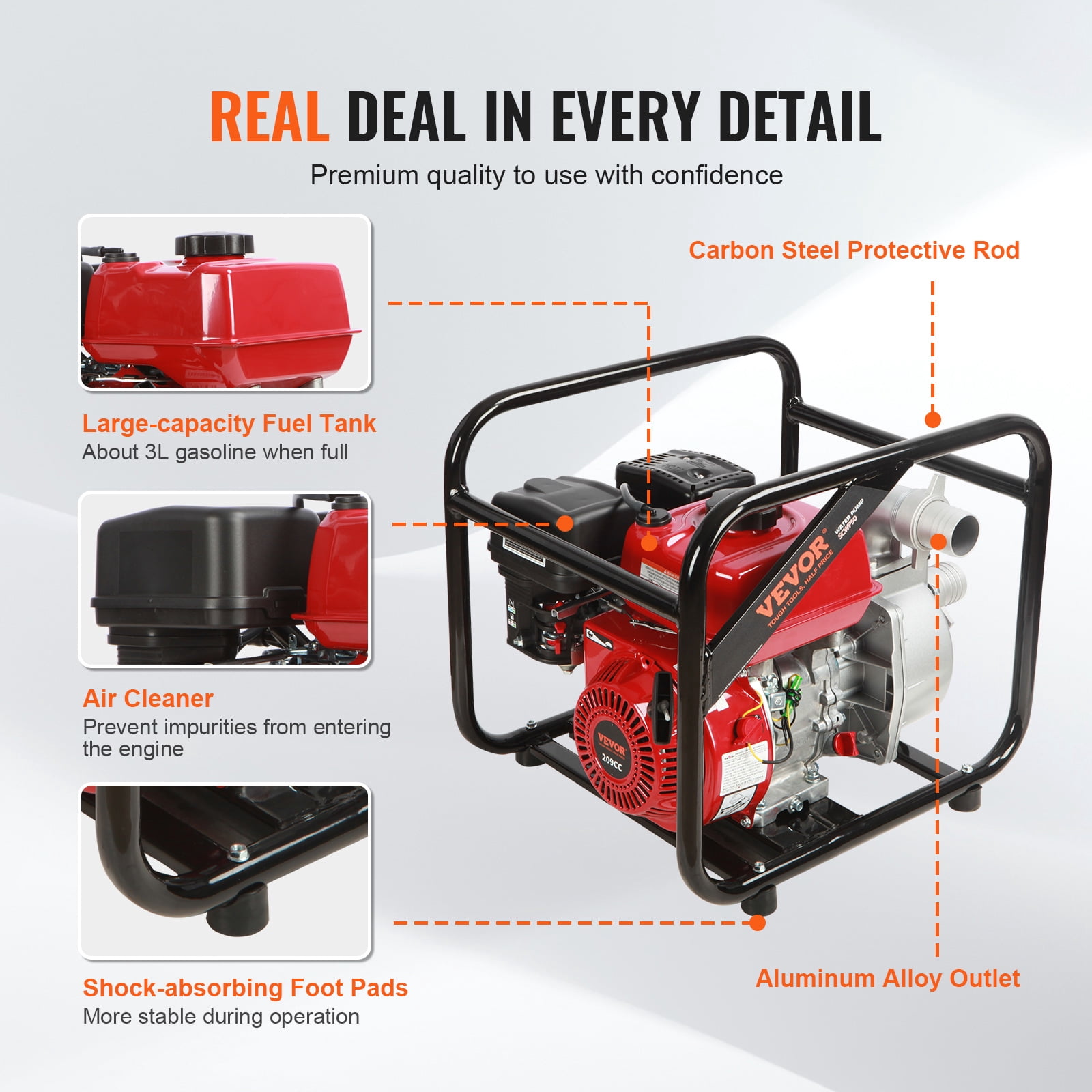 VEVOR Gasoline Engine Water Pump,2-inch, 7HP 142 GPM, 148ft Lift, 22ft Suction,4-Stroke Gas Powered Trash Water Transfer Pump Portable High Pressure with 25ft Hose for Irrigation Pool, EPA Certified