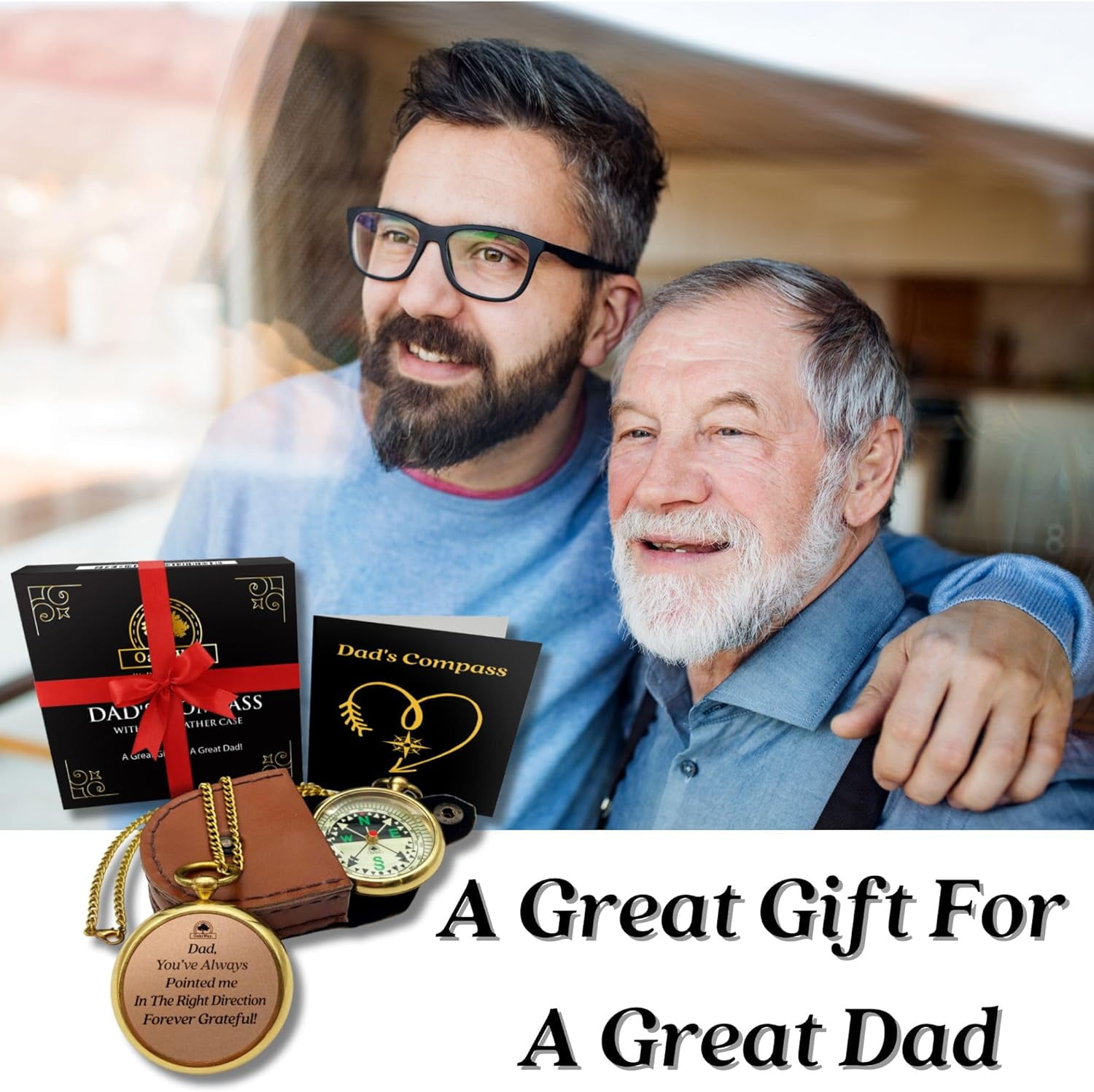 OakiWay Pocket Watch Compass with Chain & Leather Case - Birthday Gifts for Dad from Daughter & Son, Christmas Daddy Gift Ideas
