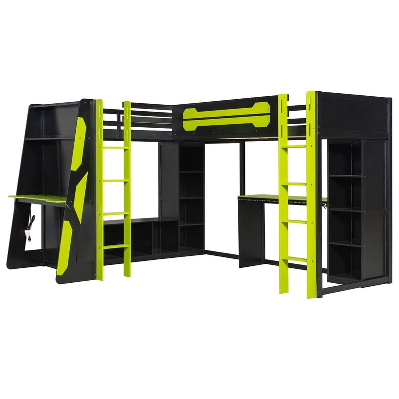 Twin Size L-Shaped Gaming Loft Bed with RGB LED Lights, Dual Twin Beds, USB Charging Ports & TV Stand, Wood Loft Bedframe Playhouse Bed with Storage Shelves & Reversible Layout