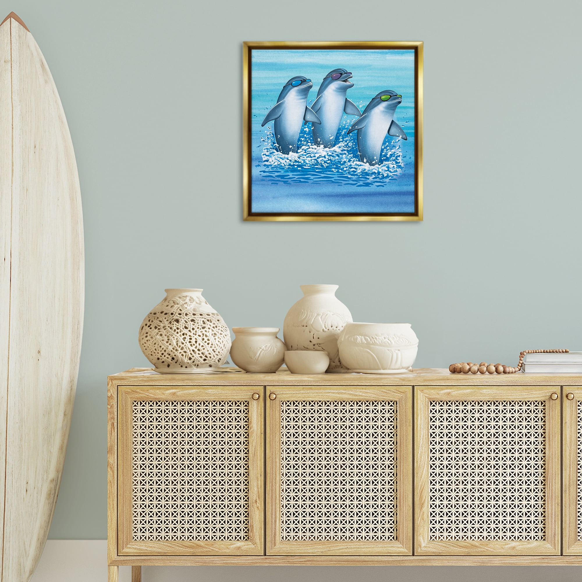 Stupell Industries Cool Dolphins Trio Animals Painting Gold Floater Framed Canvas Art Print Wall Art, 25 x 25