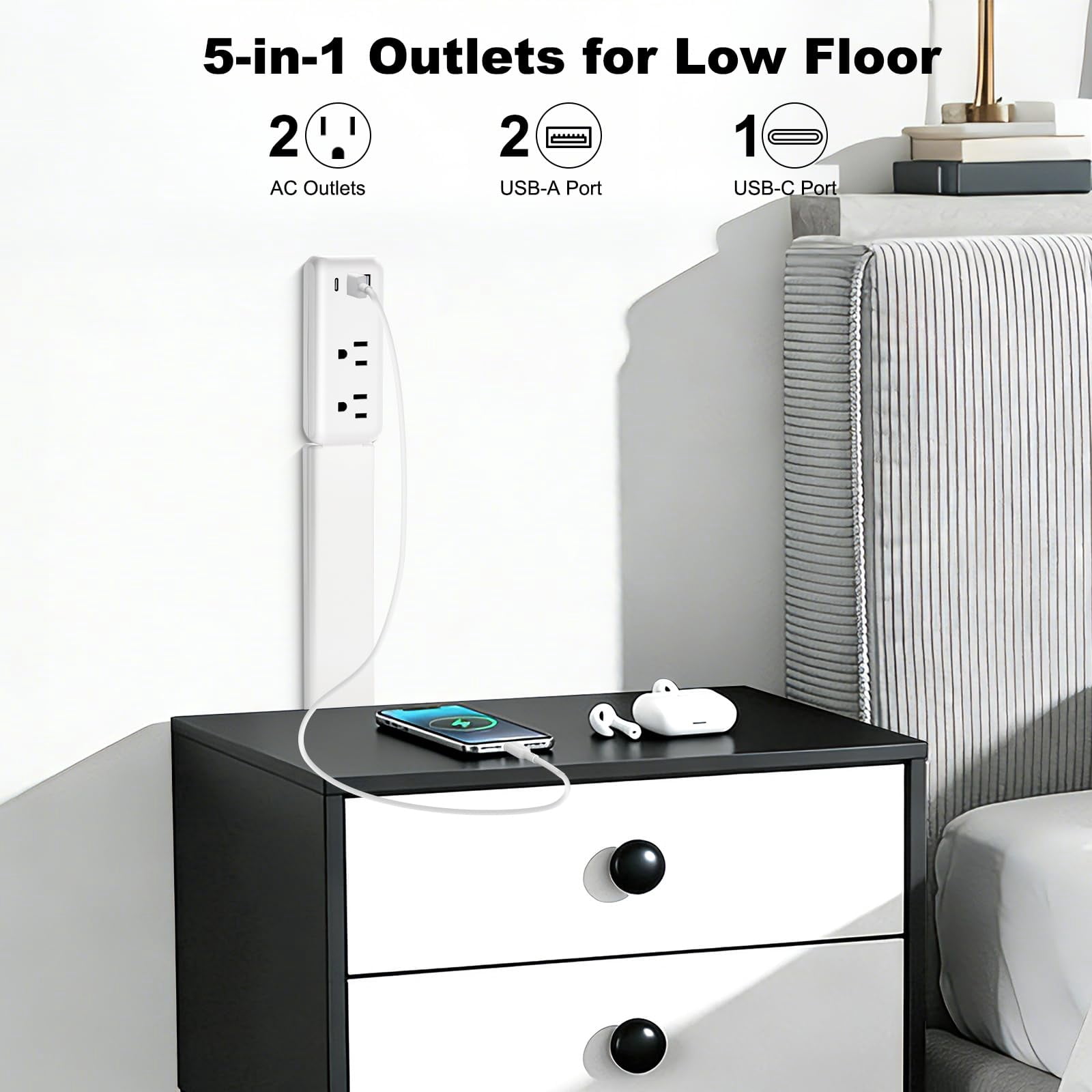 Electrical Outlet Extender Stick With Telescopic 22"-34" Extension & 180° Swivel  2 Ac Outlets 3 Usb Ports (1 Usb-c/2 Usb-a) For Hard-to-reach Behind Furniture Bed Desk Sofa Nightstands