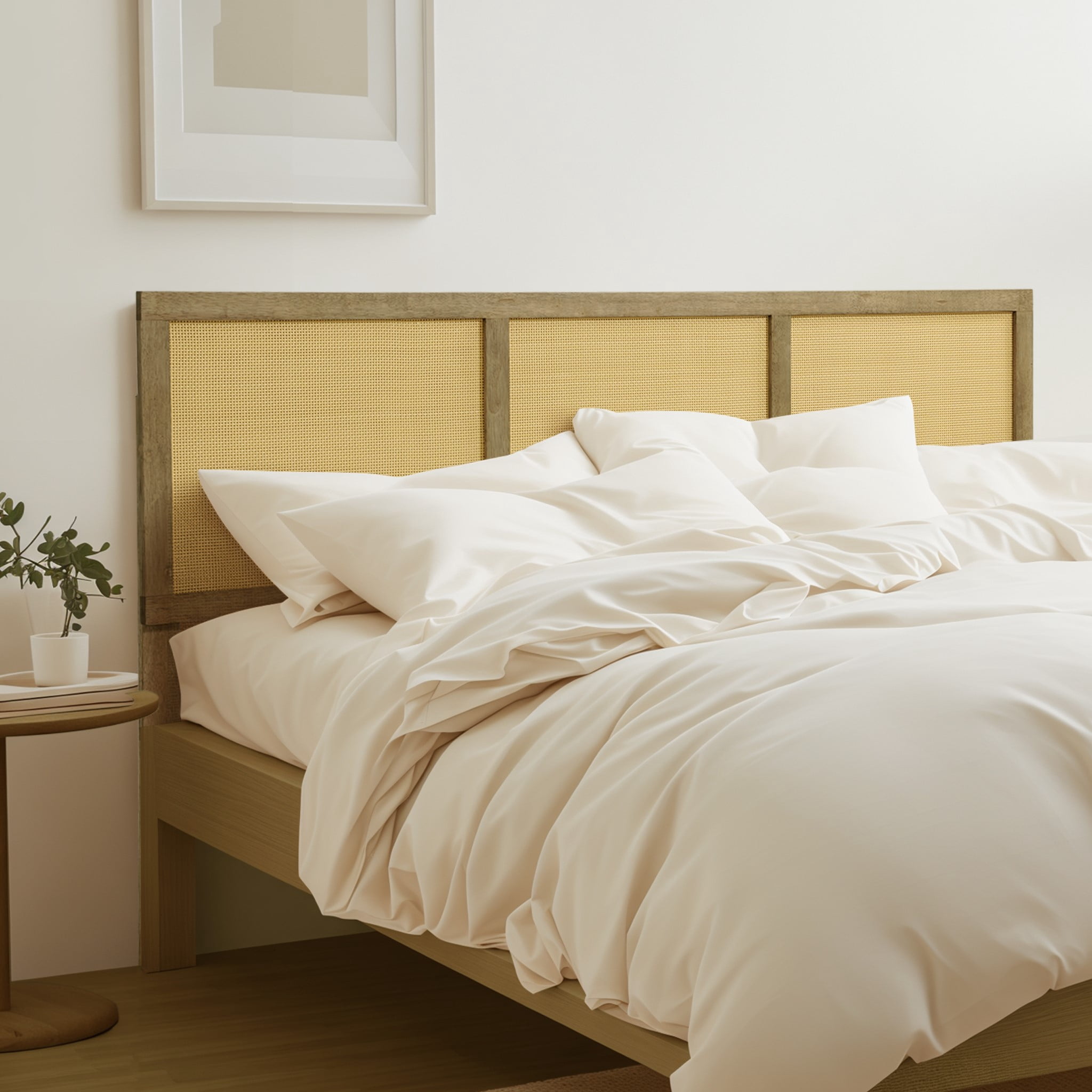 LuxenHome Natural Finish Rubberwood with Rattan Panels Headboard, Queen