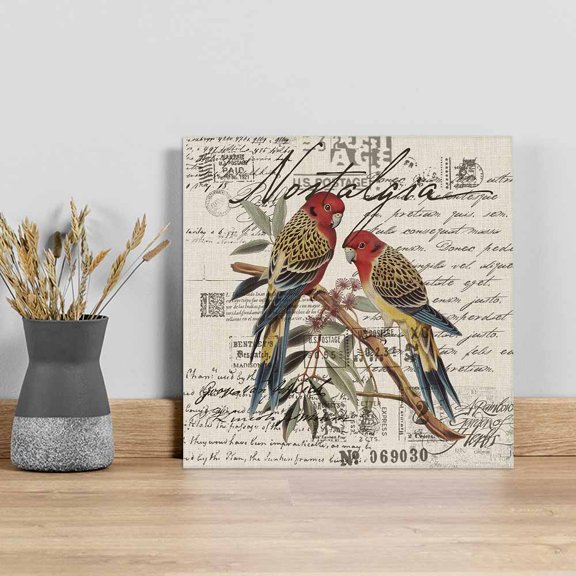 Farmhouse Birds Wall Art Painting on Canvas, Country Envelope Postmark Rustic Botancial Canvas Art Home Prints Wall Art Framed Modern Artwork for Living Room Bedroom Wall Decor 8x8in