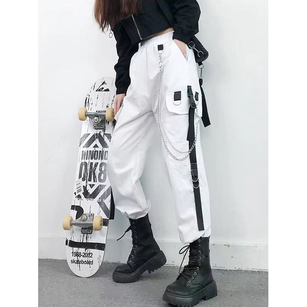 Pantalones Cargo para mujer 2021, pantalones bombachos, pantalones para correr con bolsillos Punk a la moda con cadena, ropa de calle elástica de cintura alta Harajuku Tan Jianjun unisex