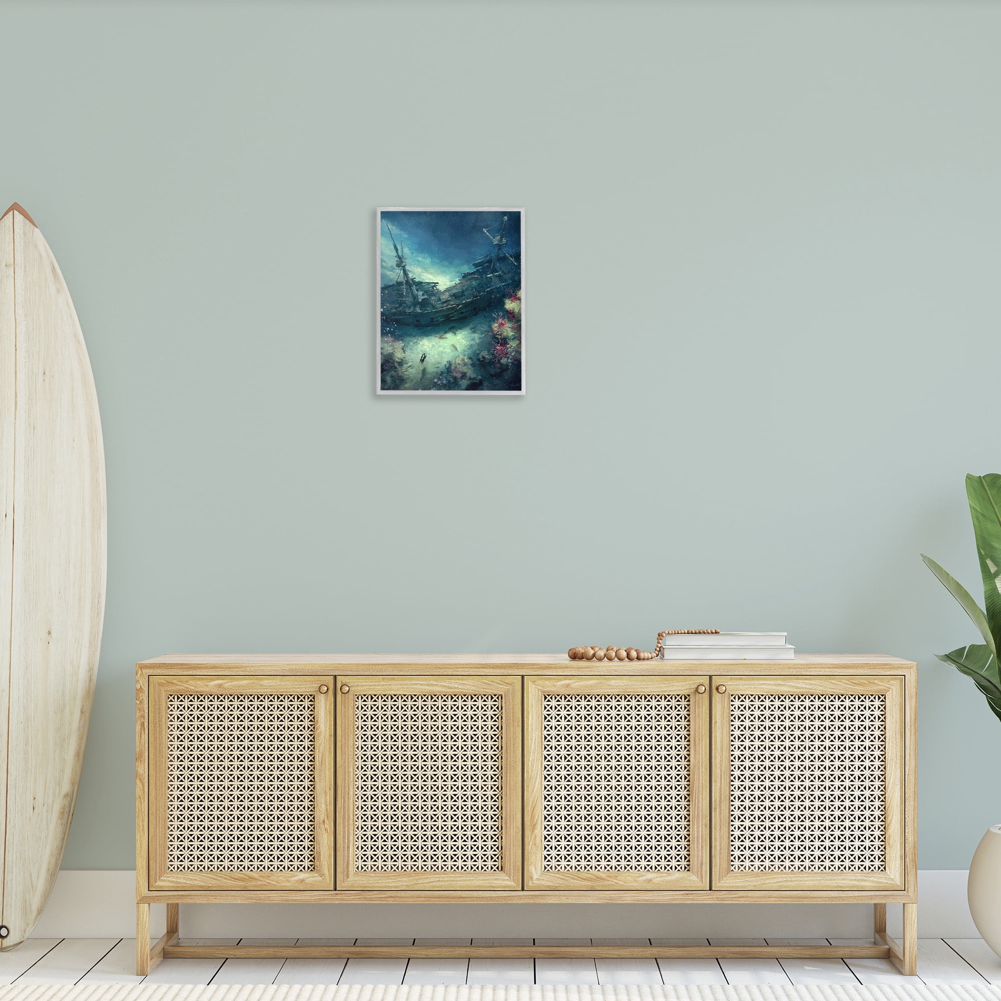 Stupell Industries Deep Sea Shipwreck Transportation Painting Gray Framed Art Print Wall Art, 16 x 20