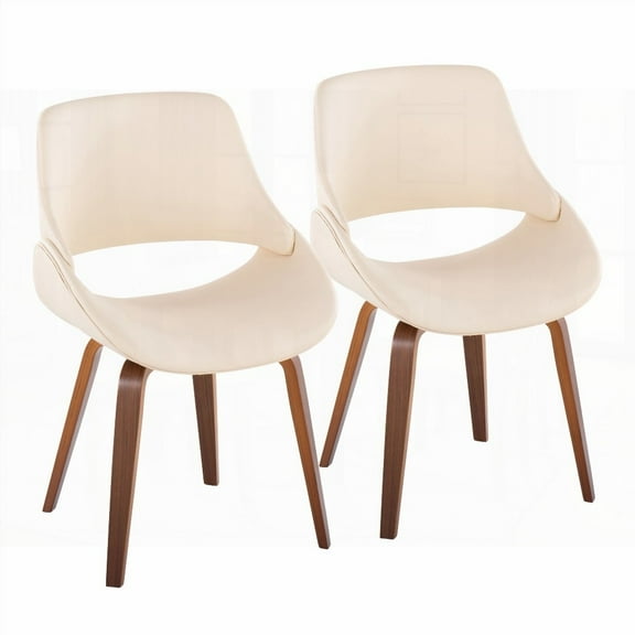 Mid-Century Modern Dining Chairs - 2-Pack in Walnut & Cream Faux Leather with Bent Wood Legs.