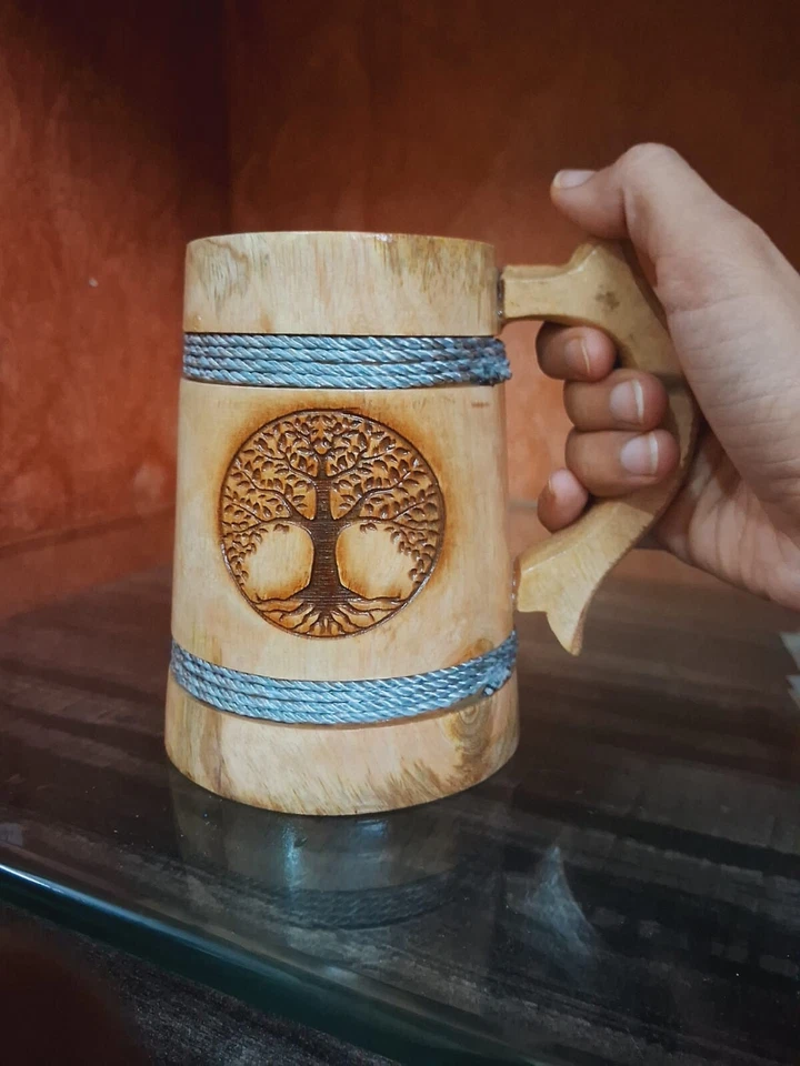 Global Antiques Handmade Wooden Cup Beer Mug With Handle Coffee Mug For Drinking Tea Office Espresso Water (Set of 2)