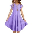 thumbnail image 4 of DAETIROS Litte Girls Pleated Dress, A-Line Dress Fly Sleeve Crew Neck Holiday Short Sleeve Plain Girls Dress Purple Size 12 T, 4 of 7