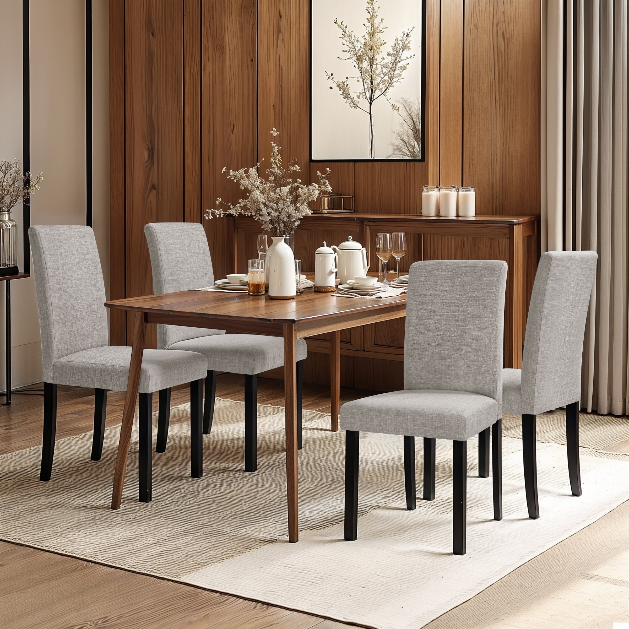 Linen Dining Chairs Set of 4, Upholstered Fabric Chairs with Solid Wood Legs for Kitchen Dining Room, Light Gray